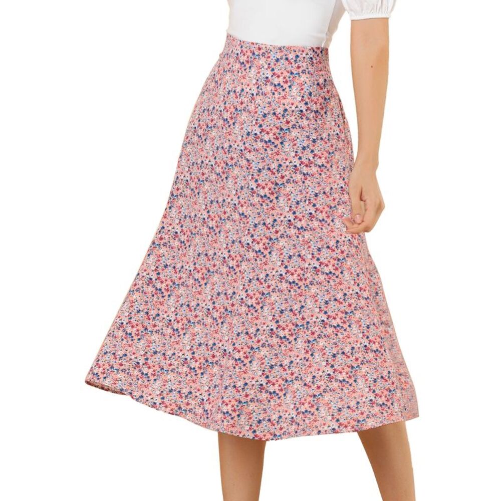 Women's Floral Midi Skirt Peasant Elastic Waist A-Line Ditsy Leave Print Pink